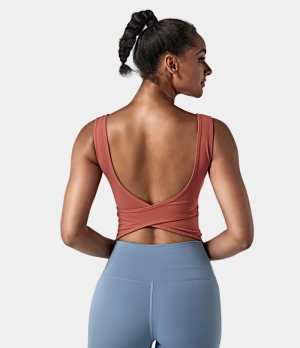 Halara In My Feels U Neck Backless Crossover Barre Ballet Dance Tank Women's Tops Begonia | EYAKWGI-85