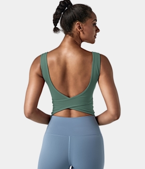 Halara In My Feels U Neck Backless Crossover Barre Ballet Dance Tank Women's Tops Frosty Spruce | GFUYZRH-91