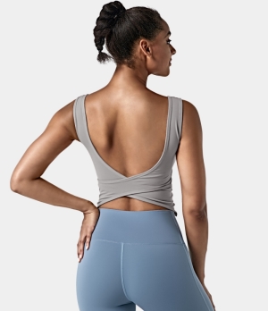 Halara In My Feels U Neck Backless Crossover Barre Ballet Dance Tank Women's Tops Mirage Gray | IGSVEOZ-42
