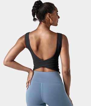 Halara In My Feels U Neck Backless Crossover Barre Ballet Dance Tank Women's Tops Black | QZVICPB-09