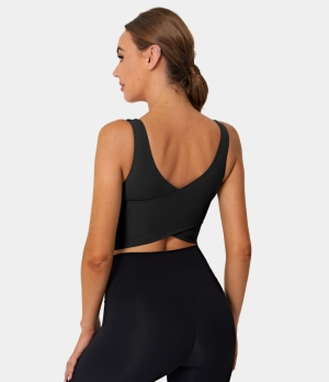 Halara In My Feels V Back Crossover Workout Cropped Tank Women's Tops Black | CGLHMWU-36