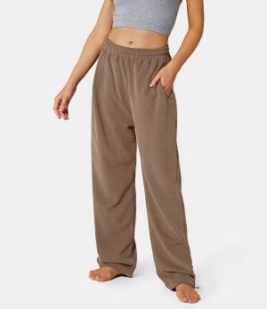 Halara Inside Drawstring Elastic Waist Side Pocket Cotton Wide Leg Women's Pants Acorn | 149608-LXQ