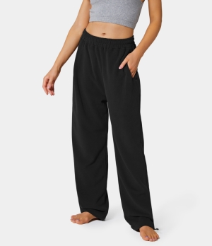 Halara Inside Drawstring Elastic Waist Side Pocket Cotton Wide Leg Women's Pants Black | 514786-IRX