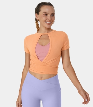 Halara Lace Up Cut Out Barre Ballet Dance Sports-Front and Back Wearable Women's Tops Caramel Cream | NVBAZUE-18