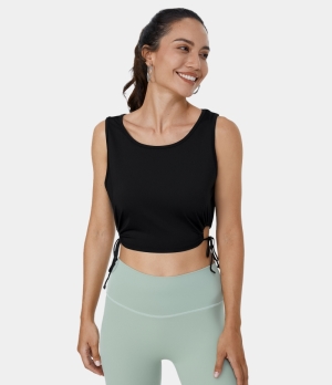 Halara Lace Up Cut Out Ruched Cropped Yoga Tank Women's Tops Black | JDMPZGK-29