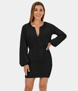 Halara Lace Up Tie Back Cut Out Ruched Bodycon Mini Casual Women's Dress Black | 167932-JIZ