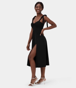 Halara Lace Up Twisted Side Pocket Split Hem Dance Midi Women's Dress Black | 690521-GDK