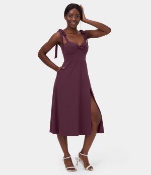 Halara Lace Up Twisted Side Pocket Split Hem Dance Midi Women's Dress New Maroon | 927364-HKW