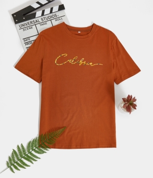 Halara Letter Print T-Shirt Women's Tops Pumpkin Orange | ZWTYLVG-96