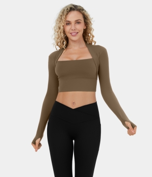 Halara Long Sleeve Thumb Hole Cropped Yoga Sports Women's Tops Sepia | DCNOPKF-62