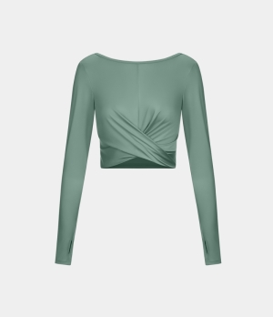 Halara Long Sleeve Thumb Hole Twisted Cropped Yoga Sports Women's Tops Green Bay | CSUWIKV-58