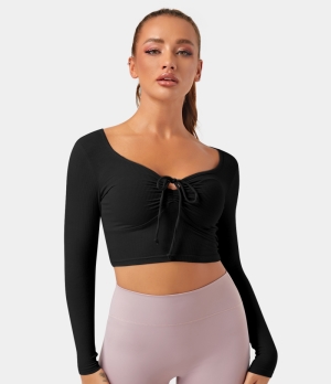 Halara Long Sleeve Tie Front Ruched Cropped Sports Women's Tops Black | GTREZDH-45