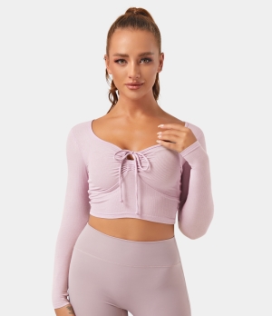 Halara Long Sleeve Tie Front Ruched Cropped Sports Women's Tops Putty Pink | IGSVONX-64