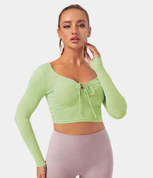 Halara Long Sleeve Tie Front Ruched Cropped Sports Women's Tops Butterfly | KSVDGXY-16