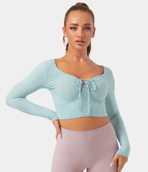 Halara Long Sleeve Tie Front Ruched Cropped Sports Women's Tops Pistachio | OSTICJA-63