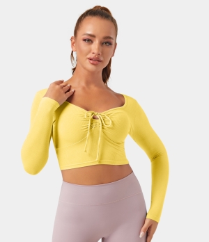 Halara Long Sleeve Tie Front Ruched Cropped Sports Women's Tops Cream Gold | ZPNTFEM-89