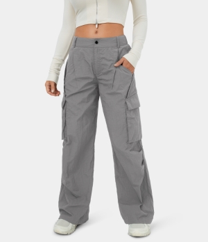 Halara Low Rise Belted Button Zipper Side Pocket Wide Leg Casual Cargo Women's Pants Grey | 146589-EAH