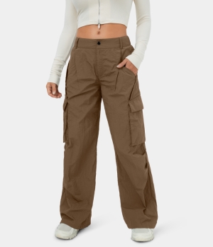 Halara Low Rise Belted Button Zipper Side Pocket Wide Leg Casual Cargo Women's Pants Nuthatch | 529714-KUB