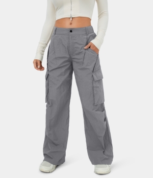 Halara Low Rise Belted Button Zipper Side Pocket Wide Leg Casual Cargo Women's Pants Grey | 639754-ANI