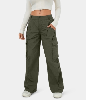 Halara Low Rise Belted Button Zipper Side Pocket Wide Leg Casual Cargo Women's Pants Deep Depths | 862571-HWC