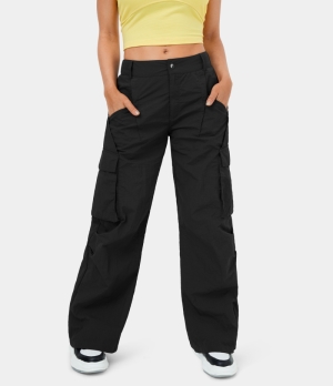 Halara Low Rise Belted Button Zipper Side Pocket Wide Leg Casual Cargo Women's Pants Black | 932075-LAX
