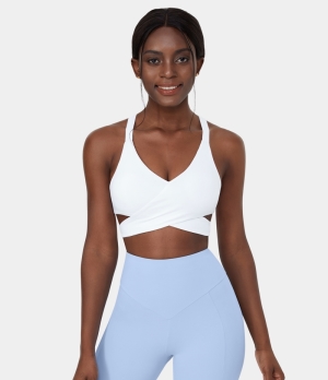 Halara Low Support Crossover Hem Cut Out Racerback Yoga Sports Bra Women's Tops White | KUXAEOD-82