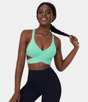 Halara Low Support Crossover Hem Cut Out Racerback Yoga Sports Bra Women's Tops Beach Glass | VPDFBUT-48