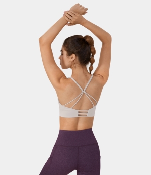 Halara Low Support Double Straps Backless Cut Out Yoga Sports Bra Women's Tops White Sand | RYDPSGW-35