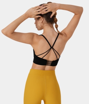 Halara Low Support Double Straps Backless Cut Out Yoga Sports Bra Women's Tops Black | TZNCDWG-73