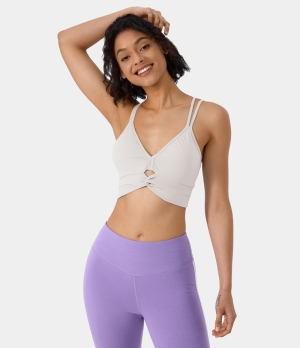 Halara Low Support Double Straps Twisted Barre Ballet Dance Sports Bra Women's Tops Blanc de Blanc | TLHGDAB-59