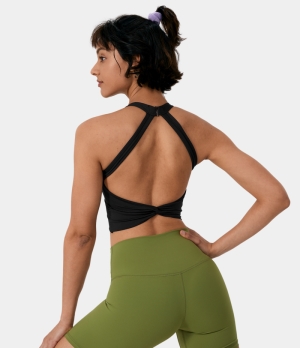 Halara Low Support Halter Neck Contrast Mesh Backless Twisted Sports Bra Women's Tops Black | LRYHGBF-92