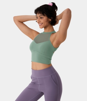 Halara Low Support Halter Neck Contrast Mesh Backless Twisted Sports Bra Women's Tops Seafoam | XSUOLGP-54