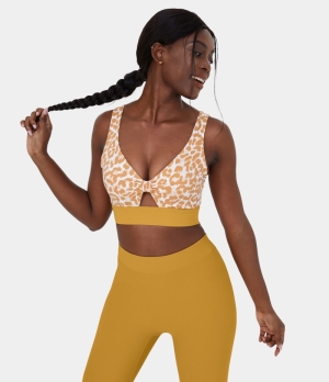 Halara Low Support Leopard Print Ruched Cut Out Yoga Sports Bra Women's Tops Yellow Leopard Print | LHBTSDA-95