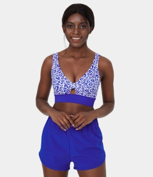 Halara Low Support Leopard Print Ruched Cut Out Yoga Sports Bra Women's Tops Blue Leopard Print | XMRSPVE-91