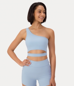 Halara Low Support One Shoulder Cut Out Yoga Sports Bra Women's Tops Soft Blue | CRJDWNQ-67