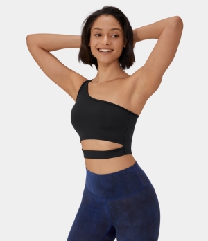 Halara Low Support One Shoulder Cut Out Yoga Sports Bra Women's Tops Black | RIBAFXJ-56