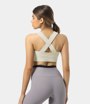 Halara Low Support Ribbed Knit Backless Crisscross Workout Sports Bra Women's Tops Light Beige | ZFRVSGD-10