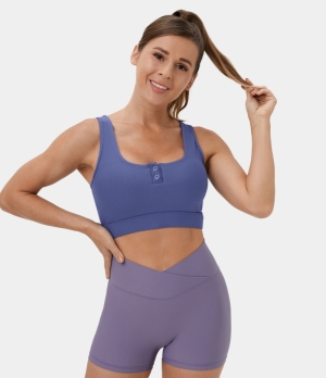 Halara Low Support Ribbed Knit Front Button Yoga Sports Bra Women's Tops Corsican Blue | ASXIOUQ-30