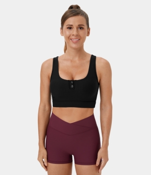 Halara Low Support Ribbed Knit Front Button Yoga Sports Bra Women's Tops Black | MSRZWAL-09