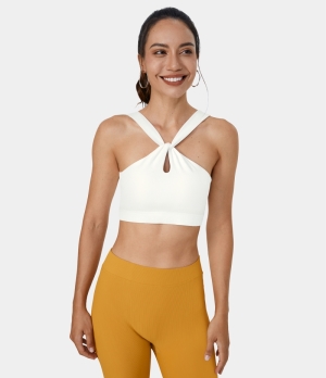 Halara Low Support Ribbed Knit Twisted Cut Out Yoga Sports Bra Women's Tops White | APWNGZI-50