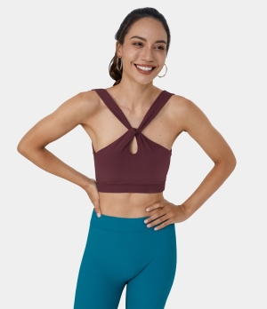 Halara Low Support Ribbed Knit Twisted Cut Out Yoga Sports Bra Women's Tops Cabernet | KTUFEDN-38