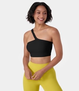 Halara Low Support Single Strap Ribbed Yoga Sports Bra Women's Tops Black | XZHSUIK-81