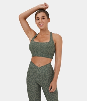 Halara Low Support Square Neck Racerback Animal Print Yoga Sports Bra Women's Tops Leopard Green | FYNQWSD-04
