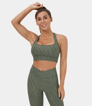 Halara Low Support Square Neck Racerback Animal Print Yoga Sports Bra Women's Tops Green Zebra Stripe | GZNXWJB-57