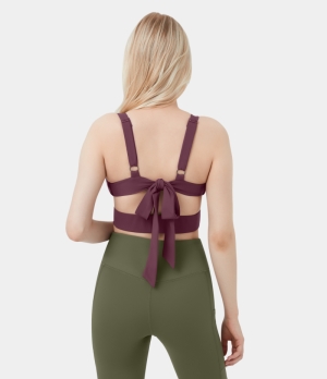 Halara Low Support Tie Back Cut Out Dance Sports Bra Women's Tops New Maroon | YSREGXZ-45