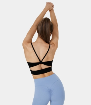 Halara Low Support U Neck Backless Ruched Cut Out Yoga Sports Bra Women's Tops Black | DSWXFIJ-10