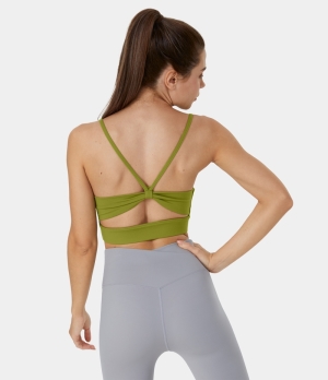 Halara Low Support U Neck Backless Ruched Cut Out Yoga Sports Bra Women's Tops Lima Bean Green | IZTGKRH-07