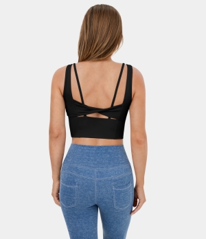 Halara Low Support U Neck Twisted Cut Out Yoga Sports Bra Women's Tops Black | SKABNCE-13