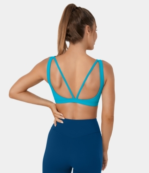 Halara Low Support V Back Cut Out Yoga Sports Bra Women's Tops Blue Atoll | RAKXUHO-69