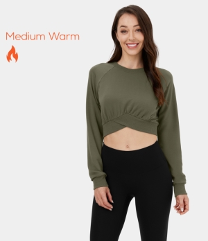 Halara Marshmallogy Crossover Hem Cropped Fleece Casual Sports Sweatshirt Women's Tops Winter Moss | GJAOMBQ-84